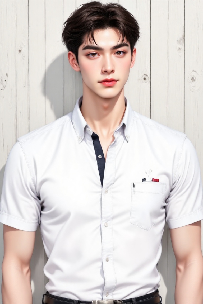 a medium-sized Asian man with dark brown eyes and dark brown hair stands in front of a white wooden wall. He is wearing a...