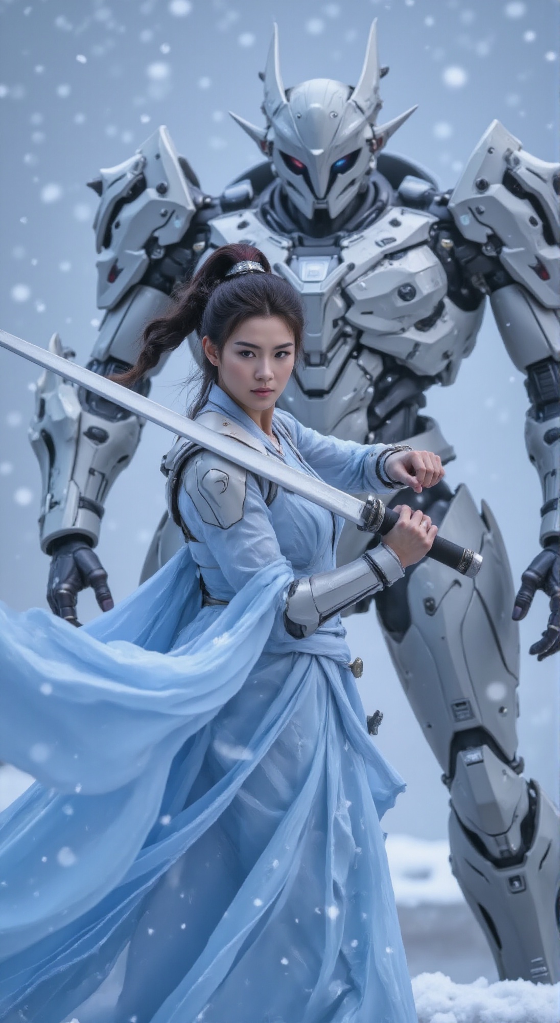 A close-up shot of a fierce young warrior woman standing firm amidst a blinding snowstorm. She dons a flowing light blue d...