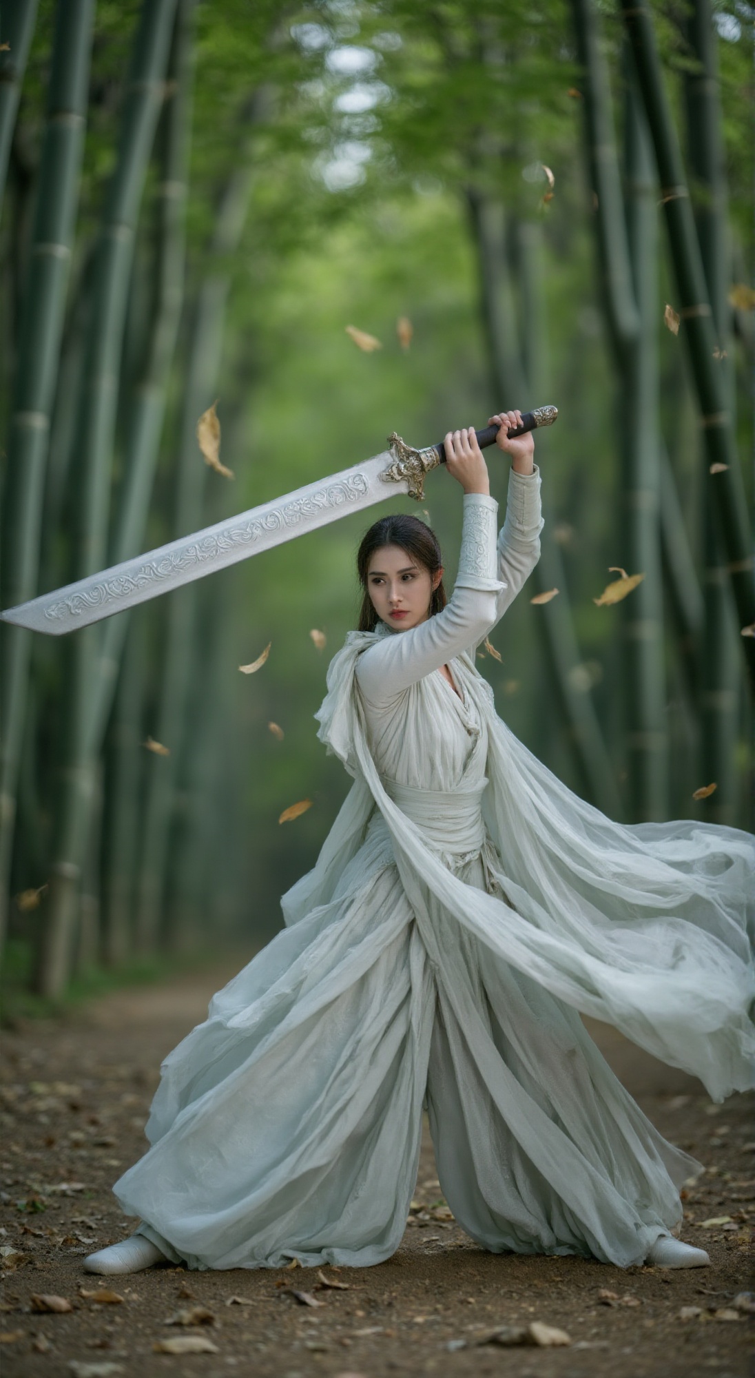 A majestic female warrior assumes a powerful fighting pose,  her massive sword carved with designs swinging majestically a...