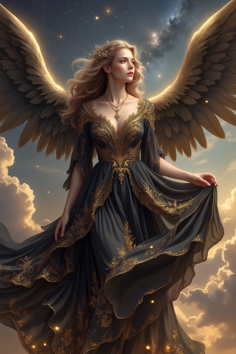 A serene beauty angel framed in a mid-shot,  draped in a flowing black and gold cloth dress,  intricate patterns shimmerin...