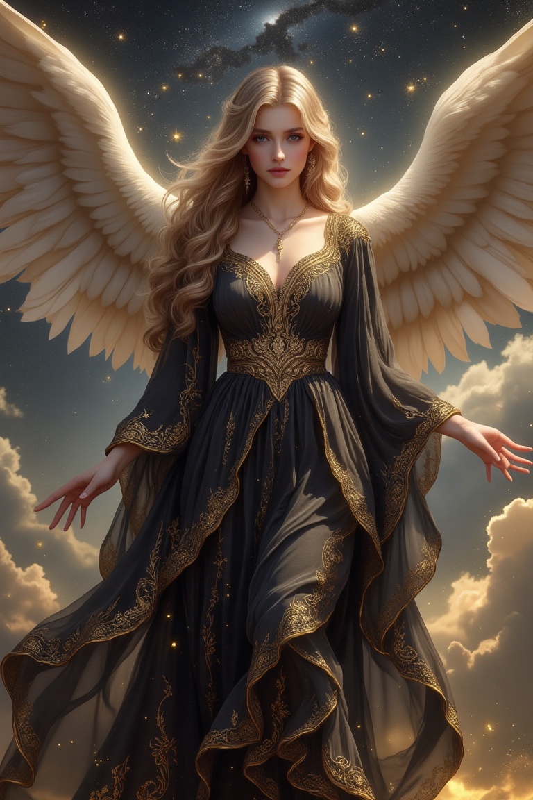 A serene beauty angel framed in a mid-shot,  draped in a flowing black and gold cloth dress,  intricate patterns shimmerin...