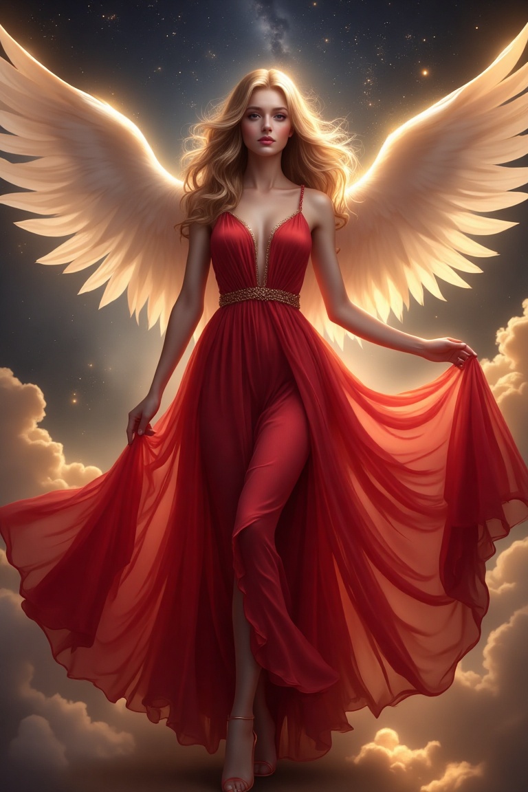 A stunning beauty angel framed in a mid-shot,  wearing a flowing red dress that accentuates her elegance and grace. The co...