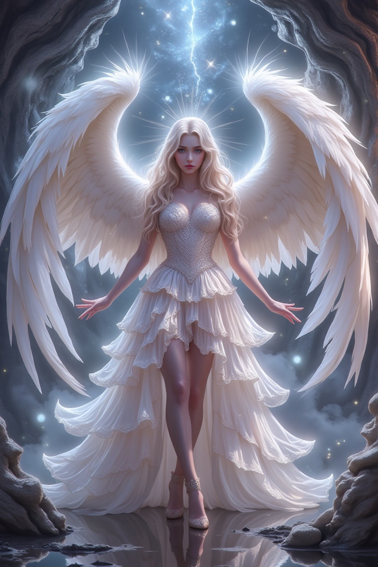 A captivating beauty angel framed in a wide shot,  wearing a glossy pearlescent dress that shimmers with iridescent hues,...