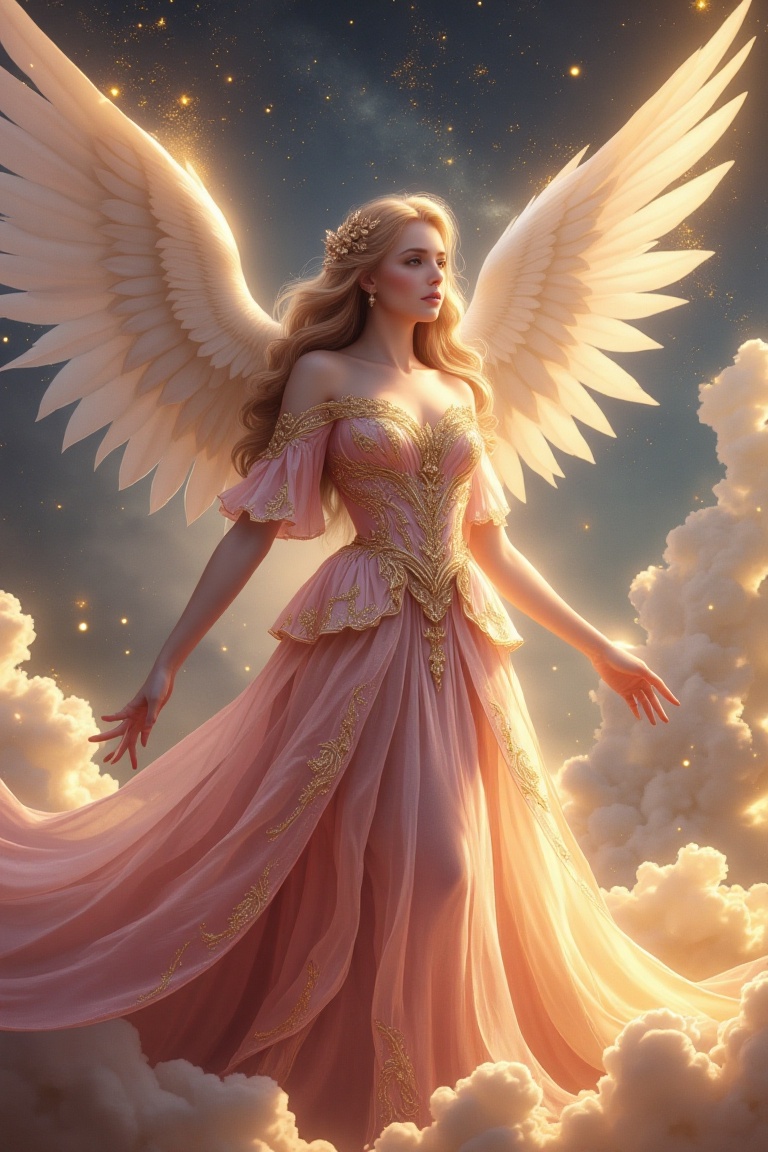 A mesmerizing beauty angel framed in a mid-shot,  wearing a luxurious,  elegant gown in gold and pink hues on Tensor.Art
