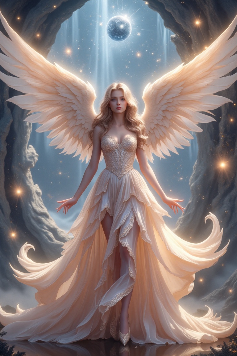 A captivating beauty angel framed in a wide shot,  wearing a glossy pearlescent dress that shimmers with iridescent hues,...