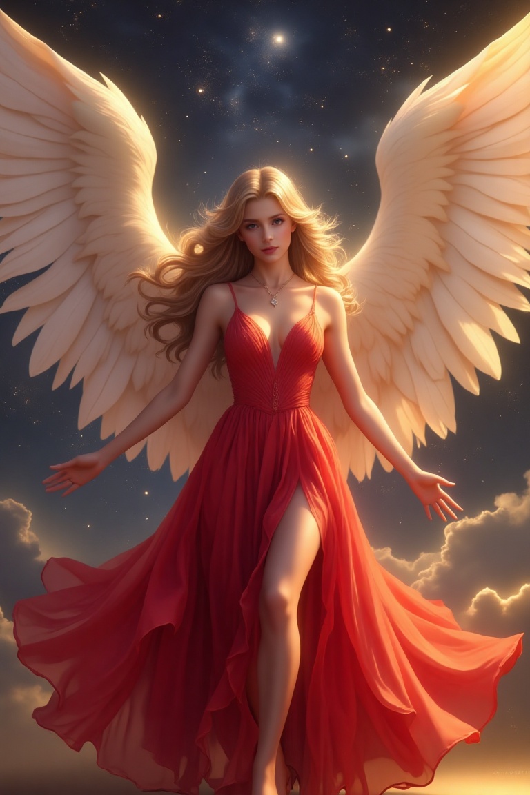 A stunning beauty angel framed in a mid-shot,  wearing a flowing red dress that accentuates her elegance and grace. The co...