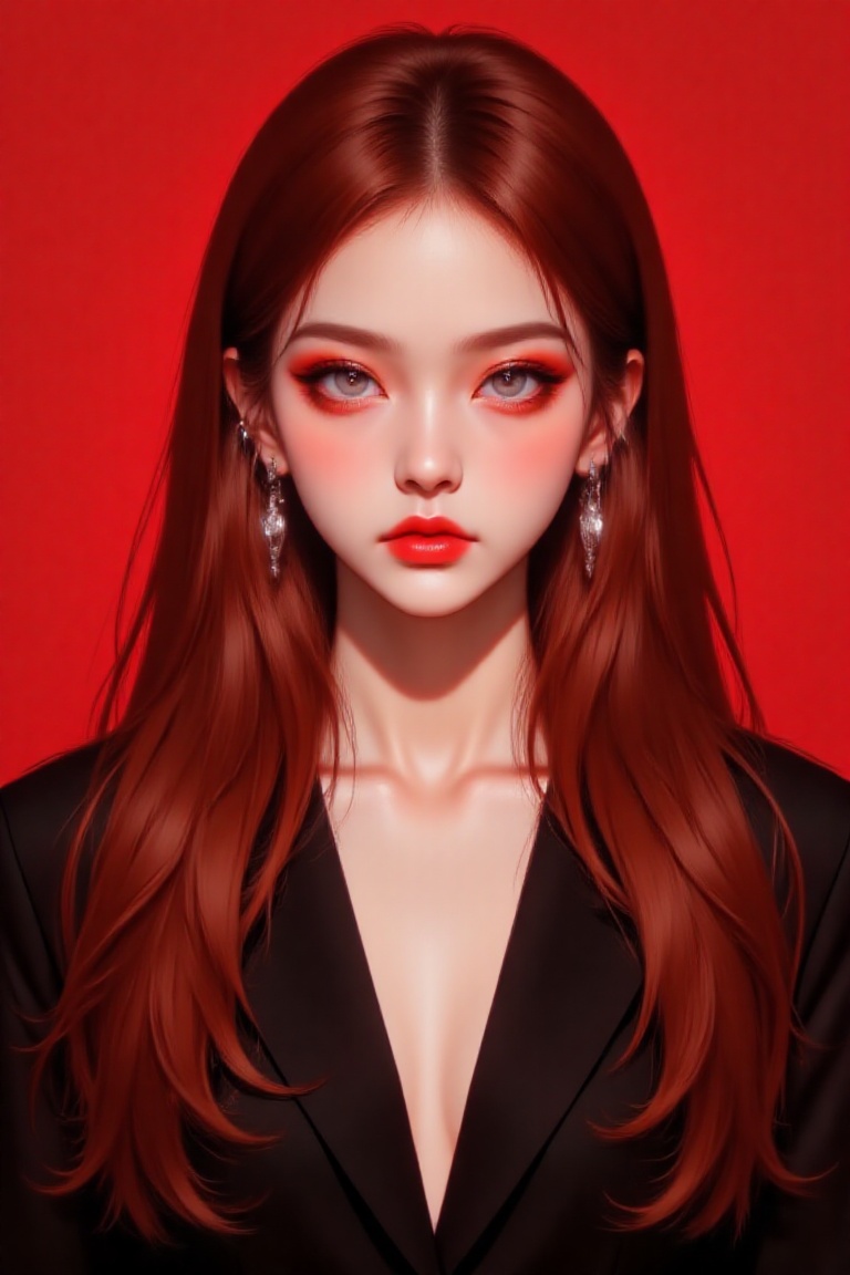 a vibrant red-haired Asian woman with long,  straight,  brown hair stands in front of a red backdrop. She is dressed in a...