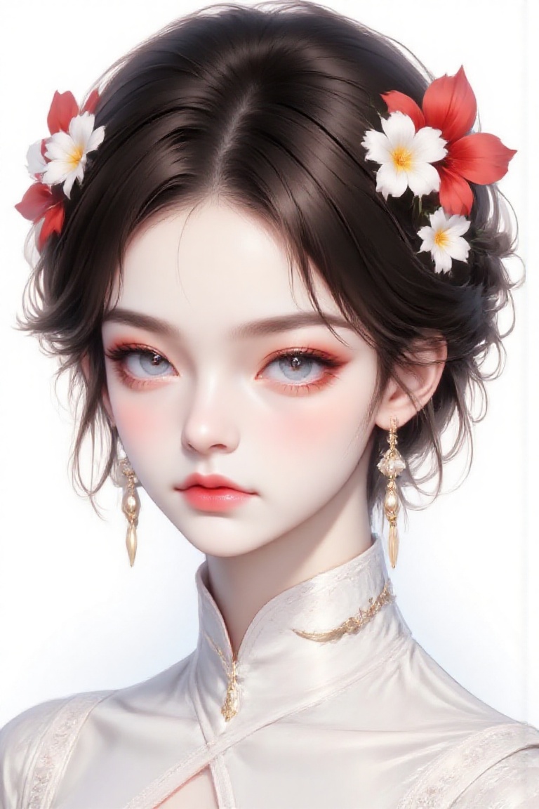 A cartoon drawing of a woman with dark brown hair,  a white dress,  and a necklace around her neck. The woman's head is ad...
