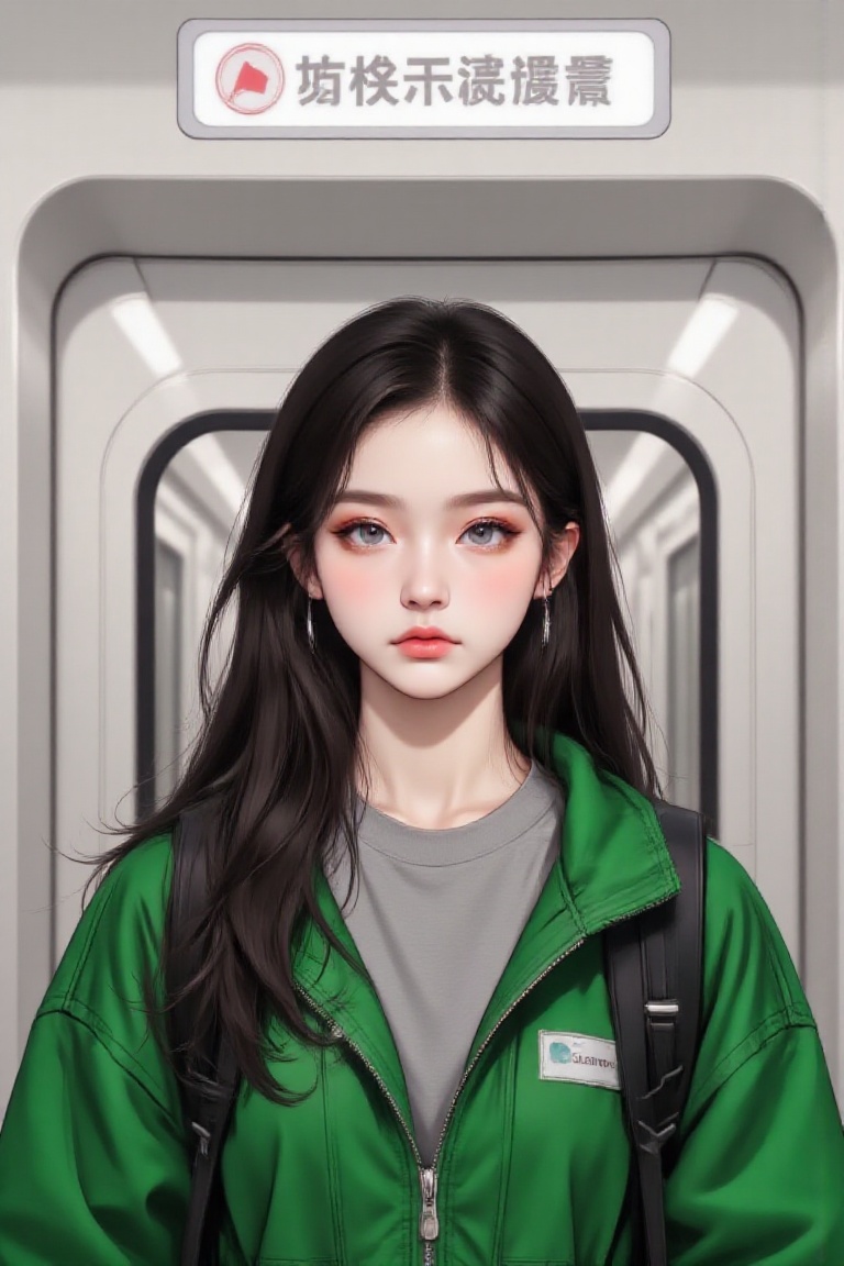 a young Asian woman stands in front of a subway train. She is wearing a green jacket,  a gray t-shirt,  and a black backpa...