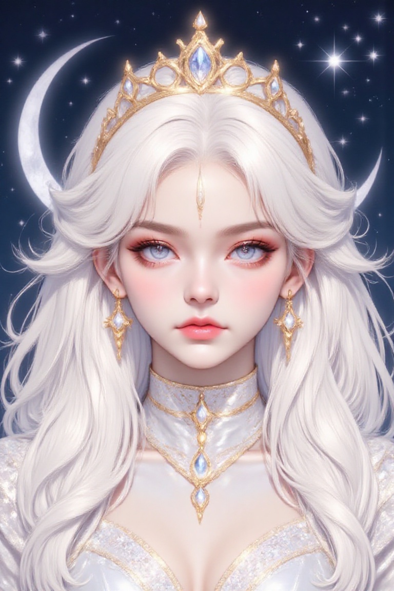 An animated image of a woman with long white hair and blue eyes. She is wearing a gold necklace and earrings. The woman's...