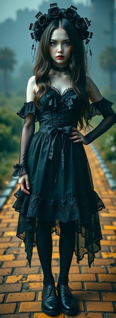 A close-up shot of a Yami Kawaii-style character,  dressed in a black outfit with intricate lace and frills,  standing on...