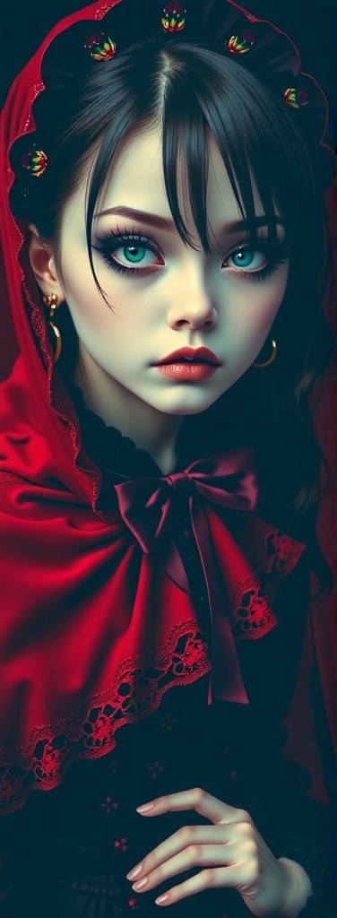 A close-up shot of a Yami Kawaii-style character,  dressed in a dark red outfit with intricate lace,  frills on Tensor.Art