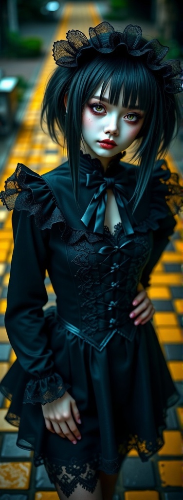 A close-up shot of a Yami Kawaii-style character,  dressed in a black outfit with intricate lace and frills,  standing on...