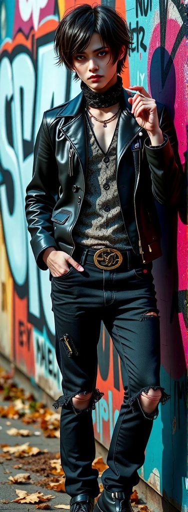 A mid-shot of a handsome Yami Kawaii-style character,  wearing edgy streetwear in dark tones with subtle gothic and kawaii...