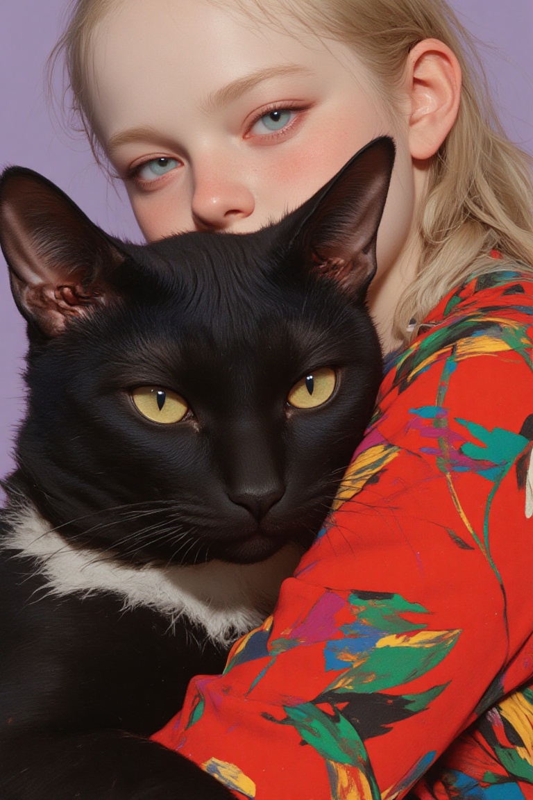 animaportrait of a woman with long blonde hair and a black cat,  against a soft lavender background,  vibrant and bright o...