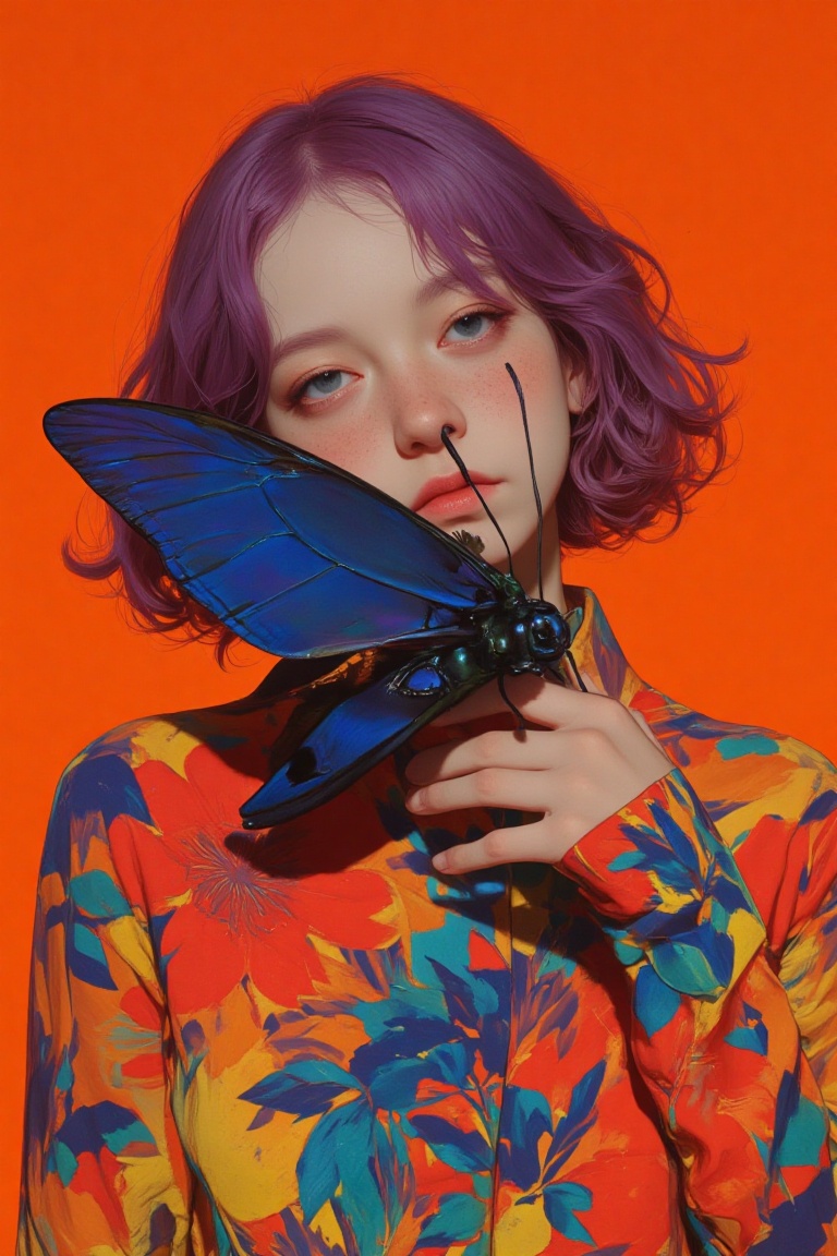 animaport of a woman with wavy purple hair and a butterfly resting on her hand,  against a warm orange background,  vibran...
