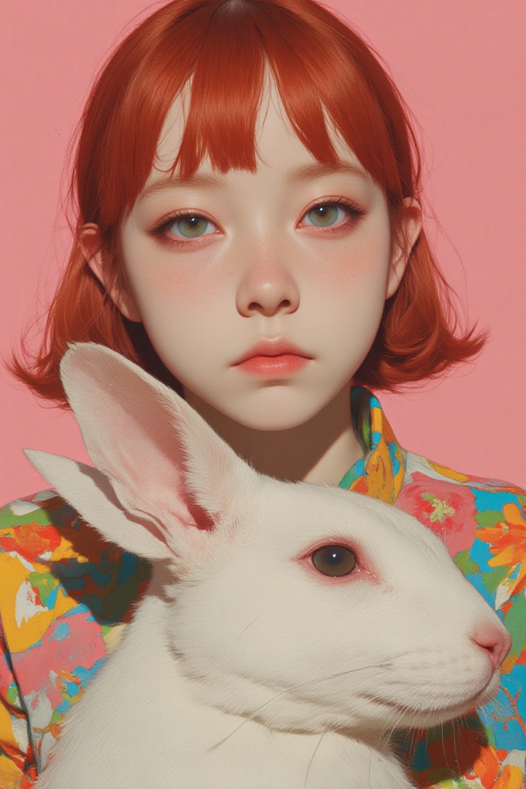 animaport of a woman with short red hair and a white rabbit,  against a soft pink background,  vibrant and bright on Tenso...