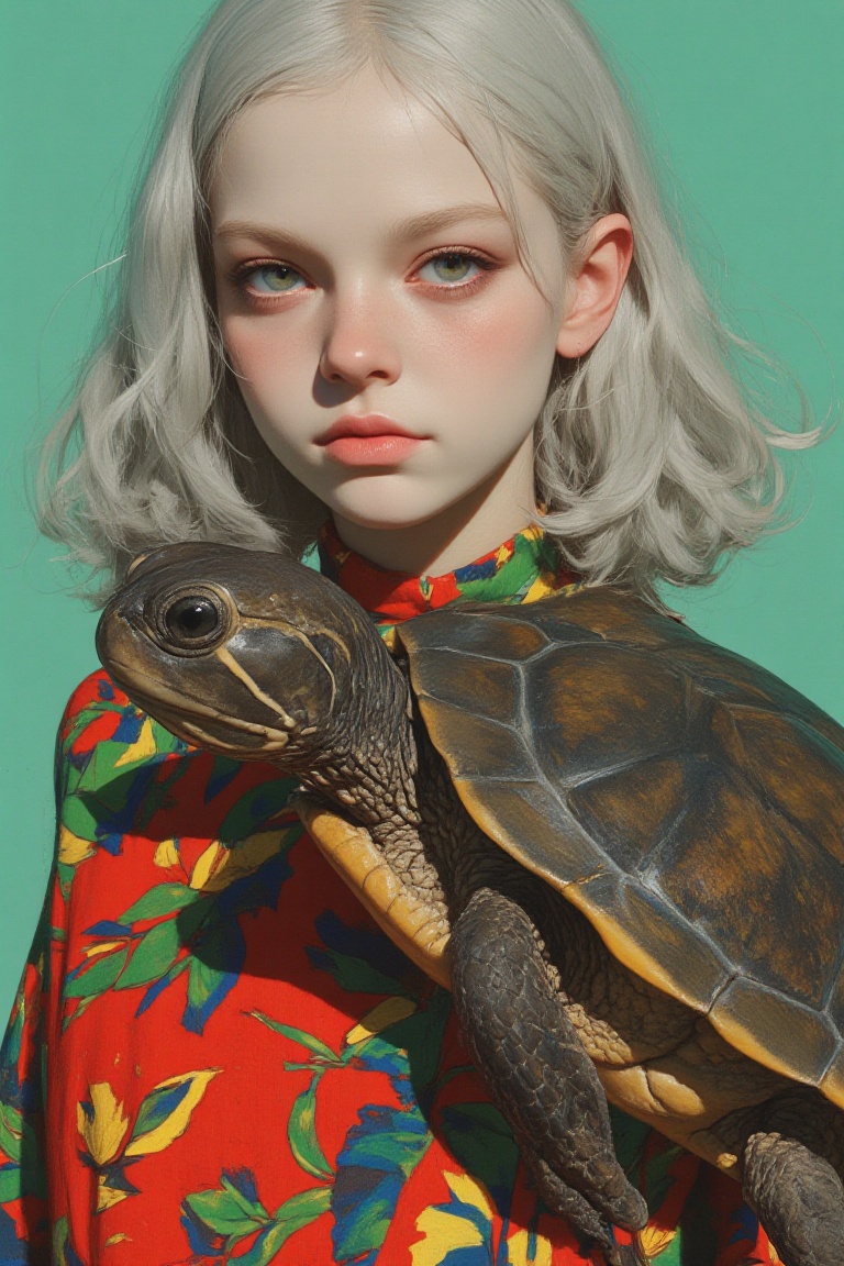 animaport of a woman with short silver hair and a small turtle,  against a mint green background,  vibrant and bright on T...