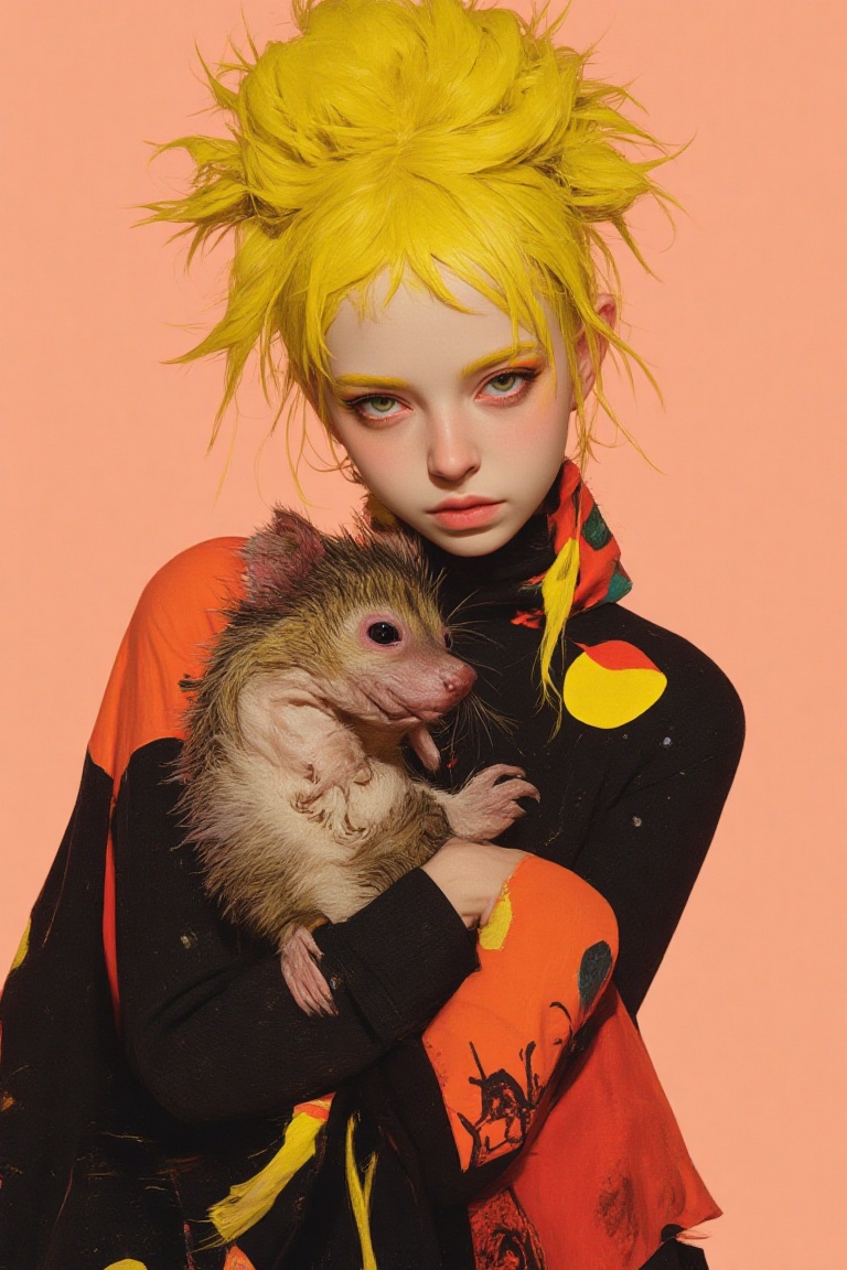 animaport of a woman with spiky yellow hair and a small hedgehog,  against a light peach background,  vibrant and bright o...