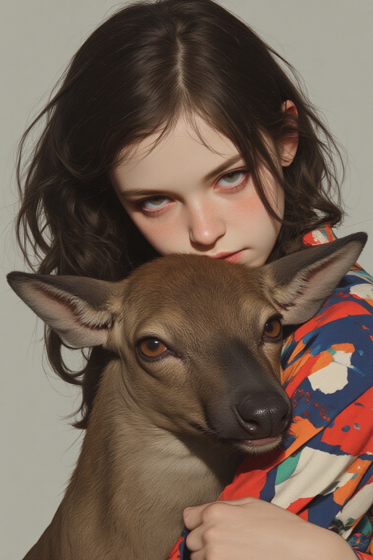 animaportrait of a woman with wavy dark hair and a gentle deer,  set against a light gray background,  peaceful and natura...