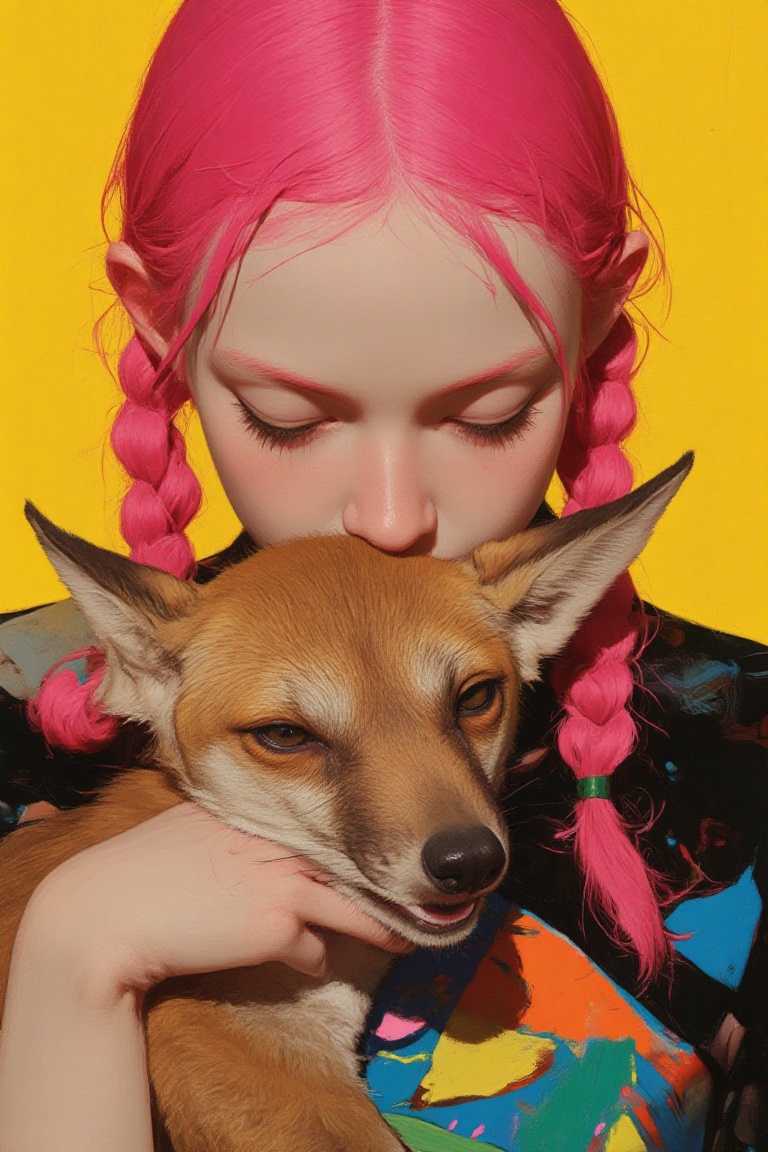 animaport of a woman with braided pink hair and a small fox,  against a light yellow background,  vibrant and bright on Te...