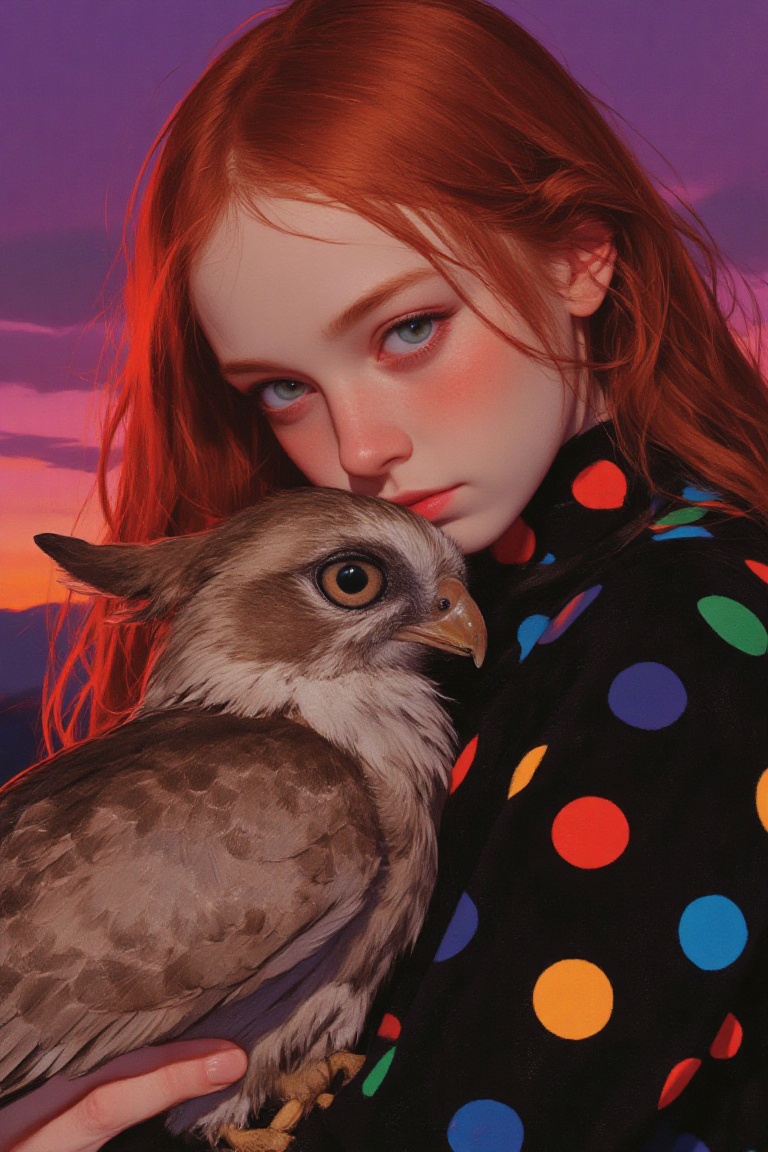 animaport of a woman with long auburn hair and a baby owl,  against a dusk-inspired violet background,  vibrant and bright...