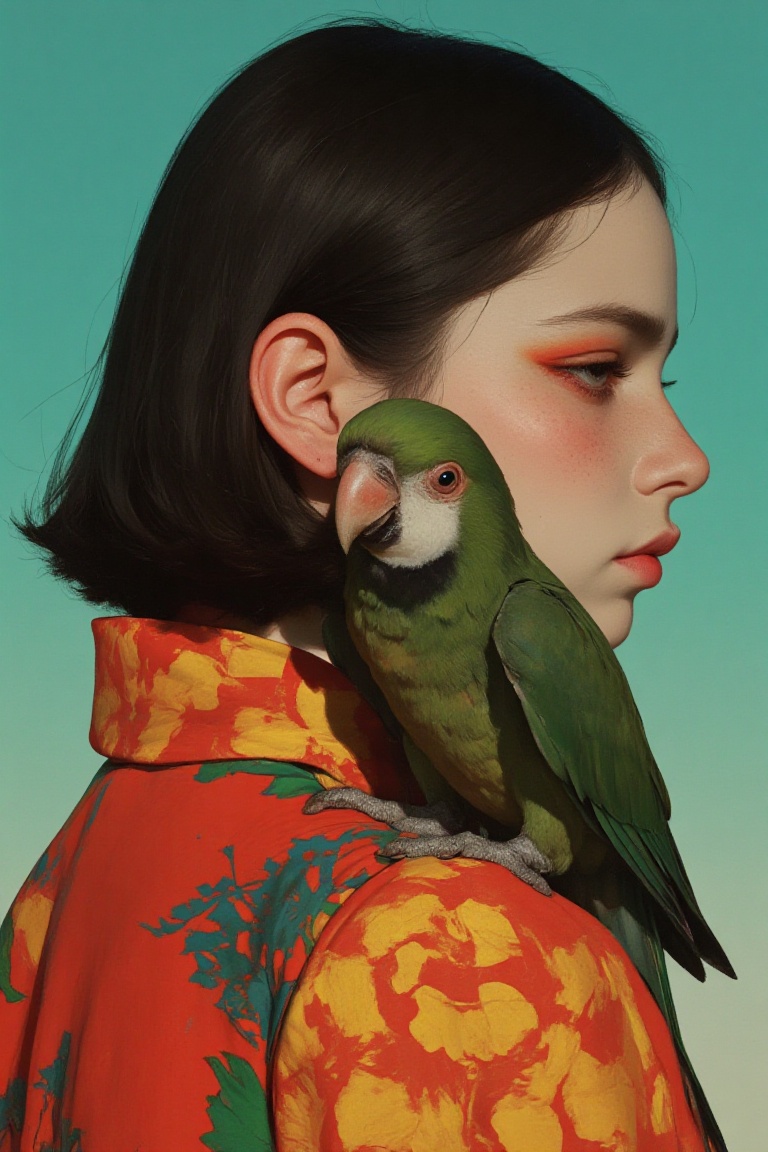 animaport of a woman with sleek black hair and a parrot perched on her shoulder,  against a gradient teal background,  vib...