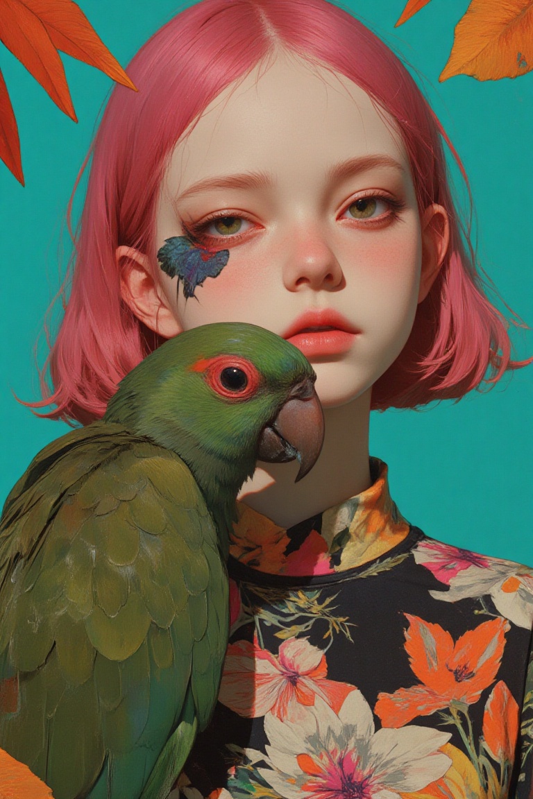animaport of a woman with short pink hair and a parrot on her shoulder,  framed by a teal background,  tropical and vibran...