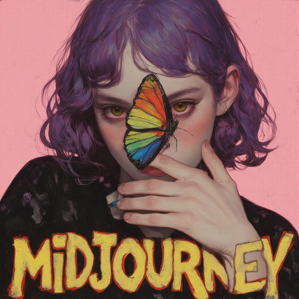 epic text that read "MIDJOURNEY" below her portrait,  animaport of a woman with wavy purple hair and a big rainbow colored...