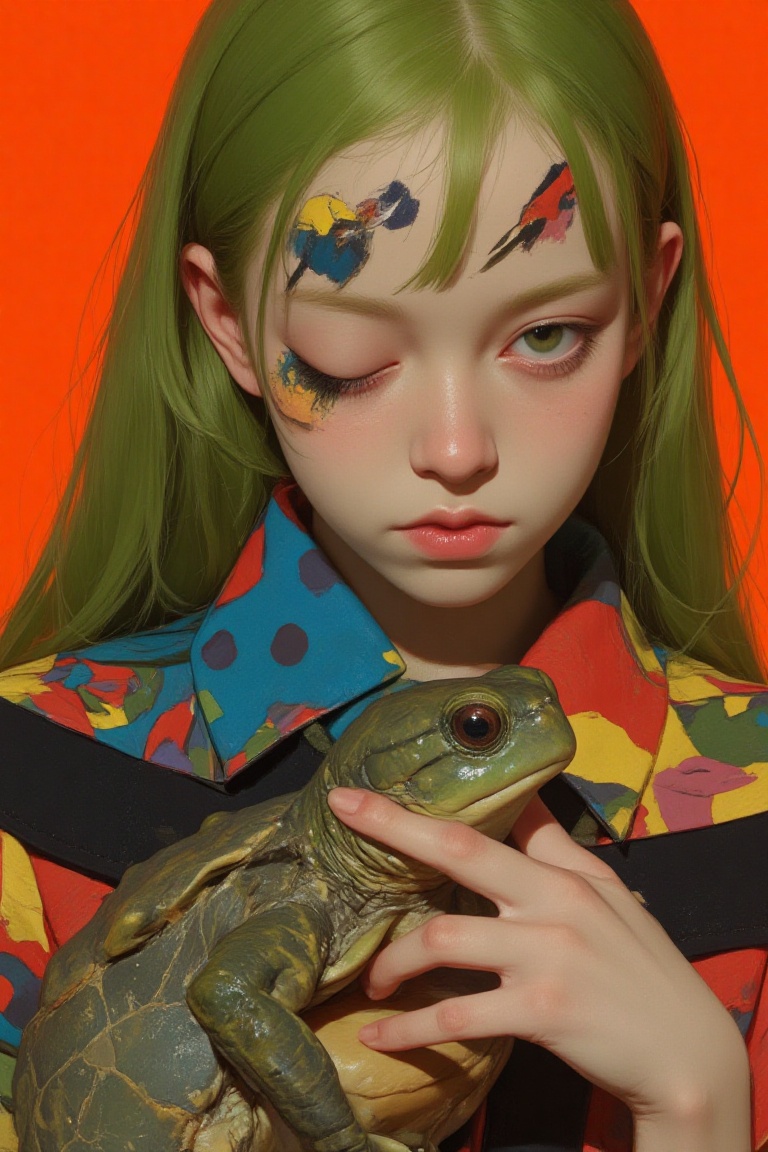 animaportrait of a woman with straight green hair holding a tiny turtle,  in front of a vibrant orange background,  playfu...