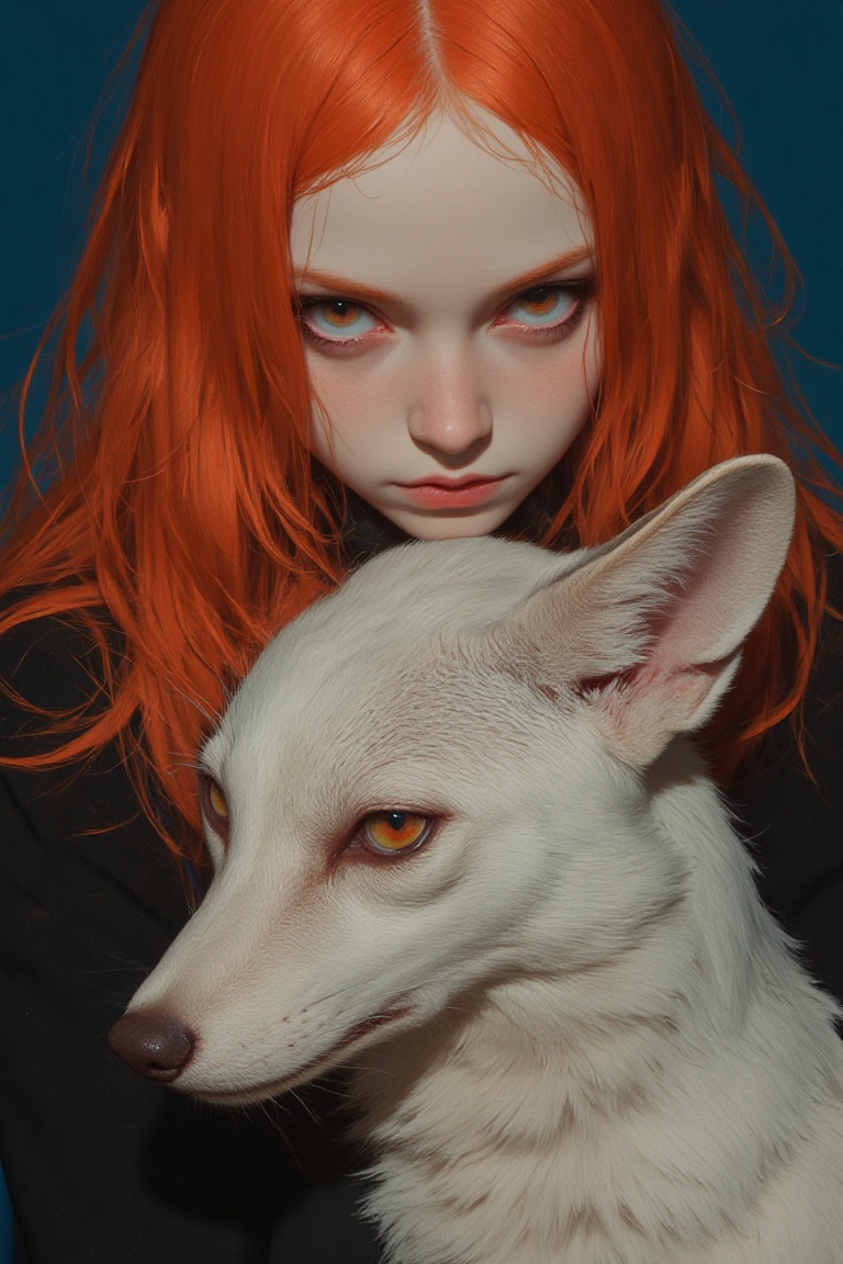 animaport of a woman with fiery orange hair and a sleek white fox,  set against a deep navy blue background,  mysterious a...
