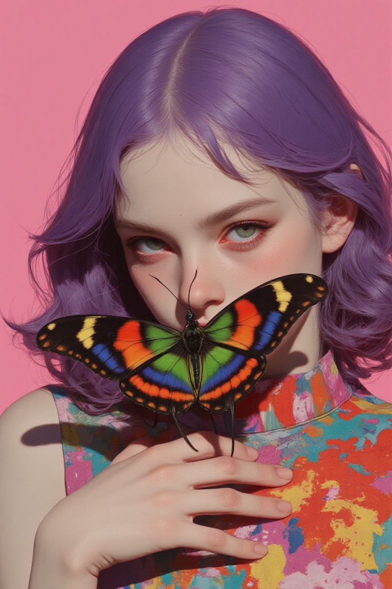 animaport of a woman with wavy purple hair and a rainbow colored butterfly resting on her hand,  against a pastel pink bac...