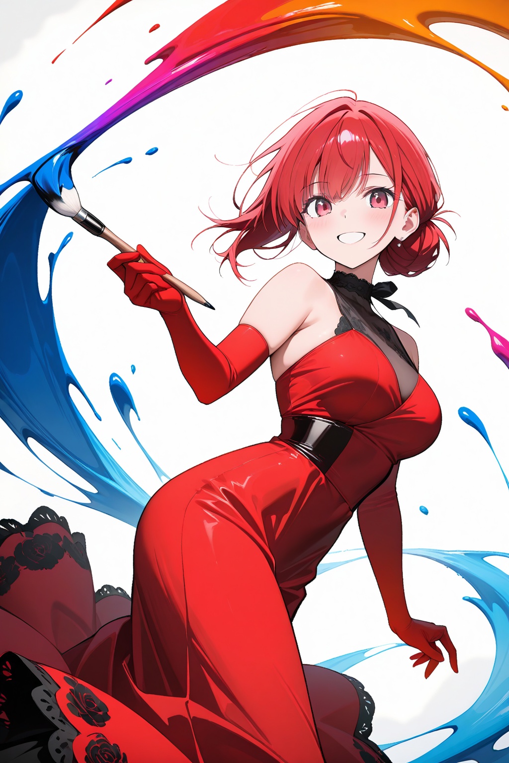 A very beautiful anime girl is wearing a red elegant dress,  white background,  holding a big paintbrush on Tensor.Art