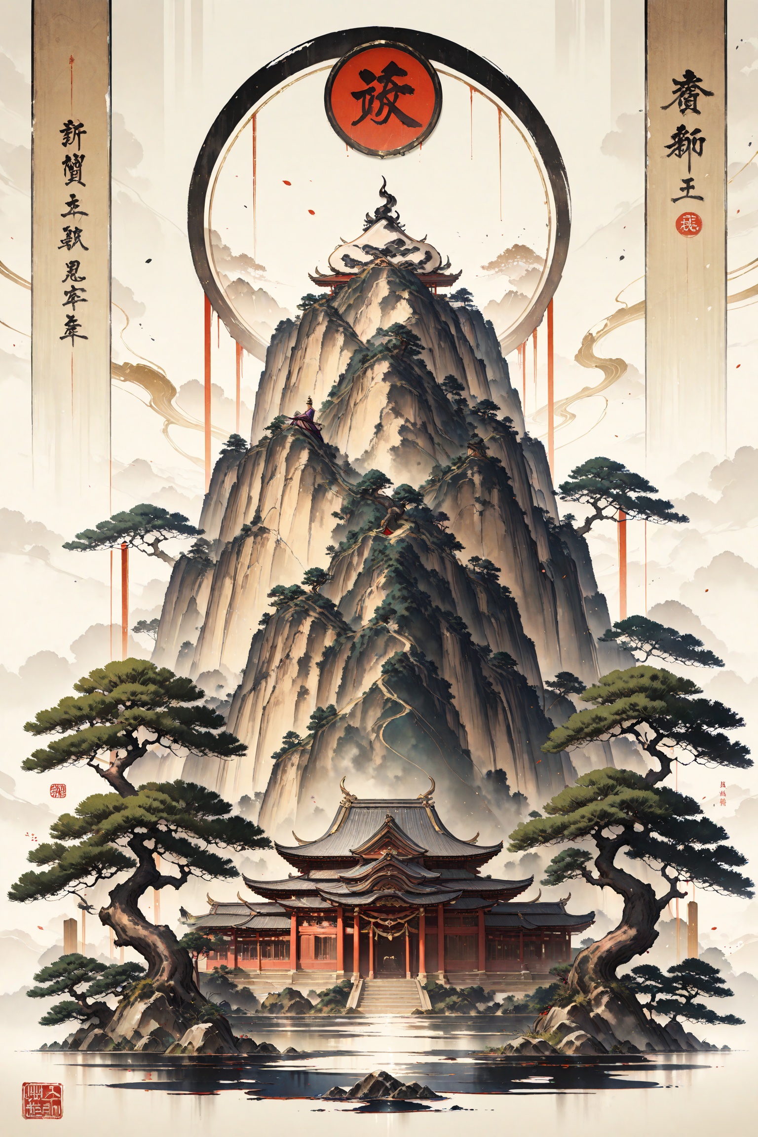 Image of great palace between majestic mountains,  japanese ink,  japanese art on Tensor.Art