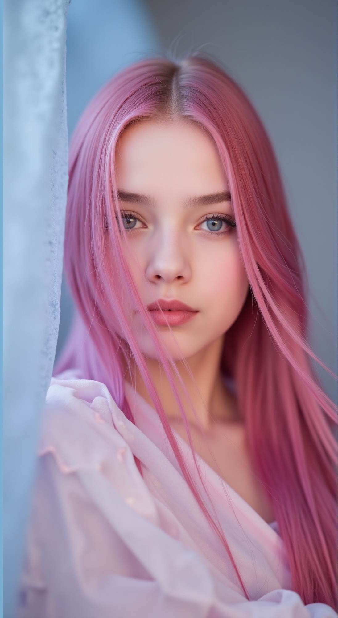 A dreamy close-up shot on a soft-focus white backdrop,  bathed in warm,  gentle lighting. A young girl with long flowing f...