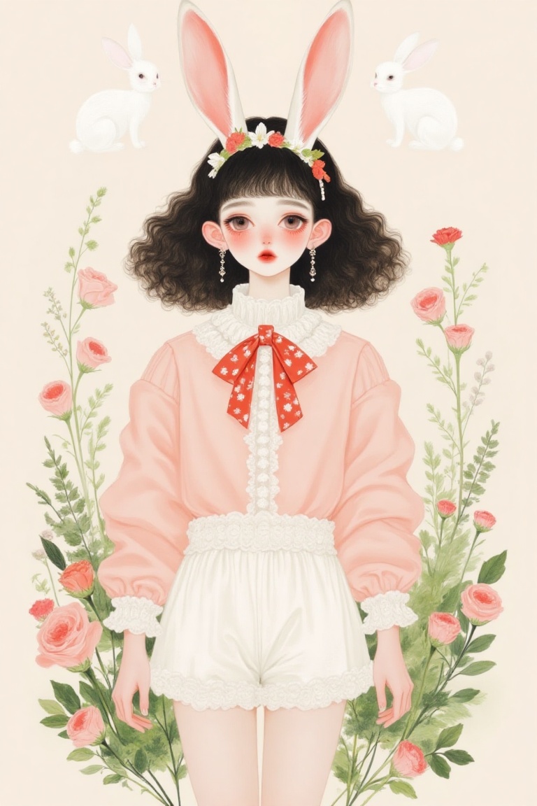 a girl with cute bunny inspired girly outfit,  coquette theme,  soft pastel on Tensor.Art