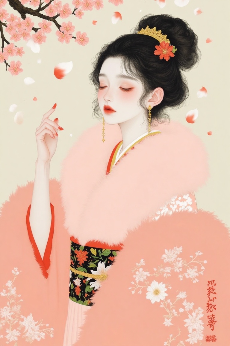 Soft,  A serene portrait of an Asian woman wearing a intricately designed,  soft pink traditional Japanese kimono with gol...
