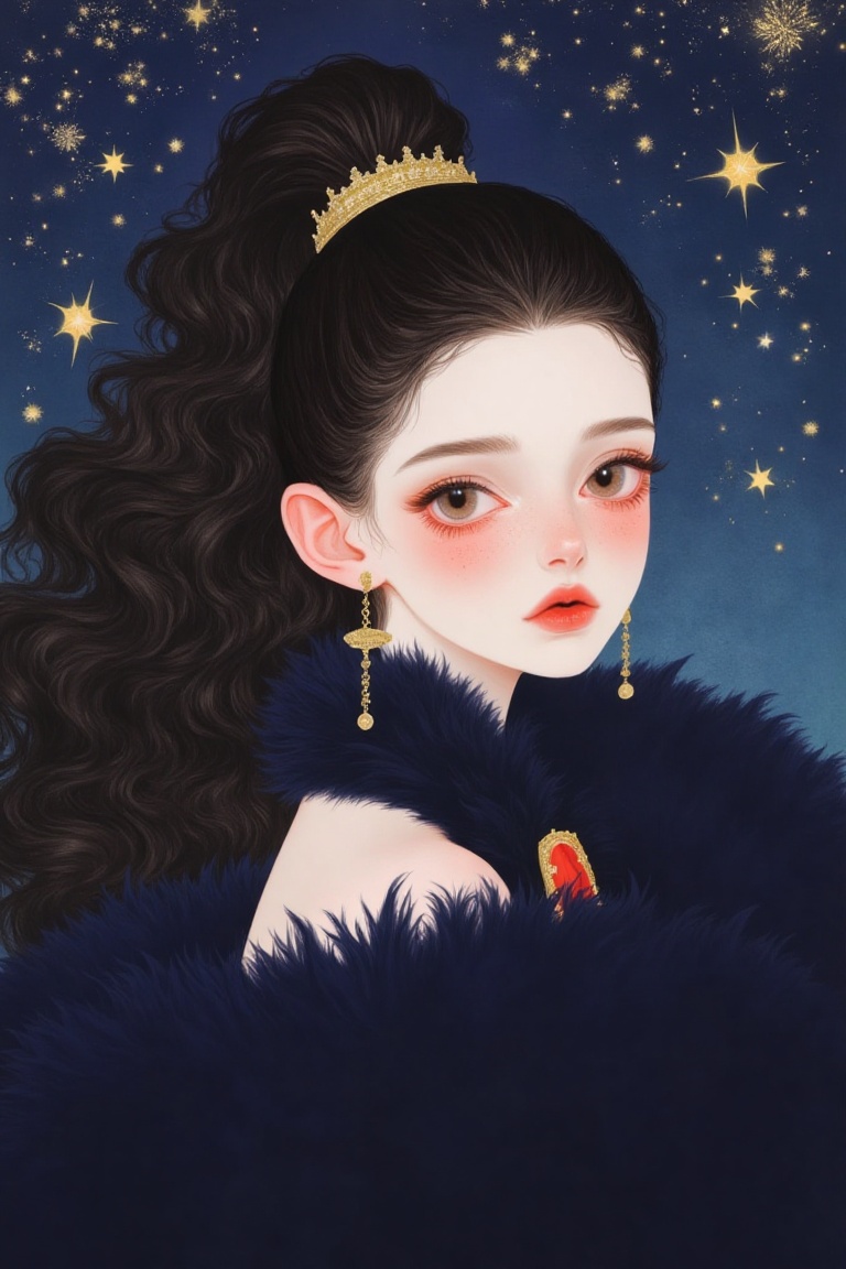 A close-up shot of a girl wearing a stunning navy blue gala dress,  her gaze directly addressing the viewer. Her raven-bla...