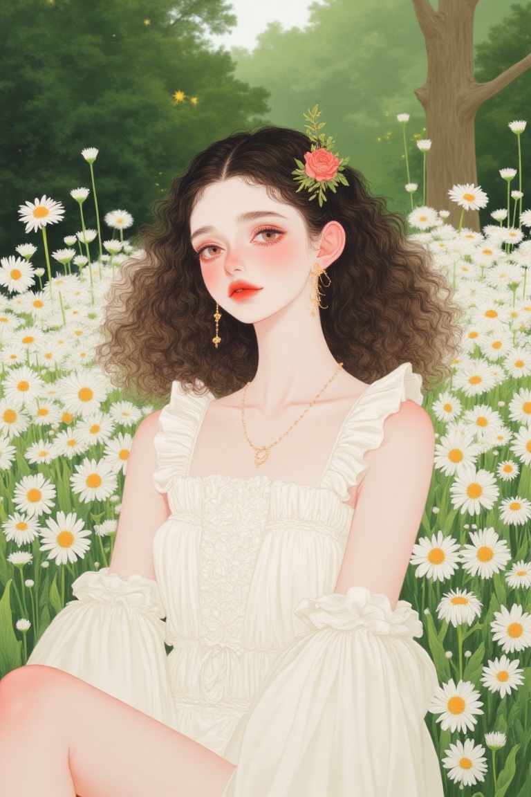 A delicate portrait of a young woman sitting amidst a sea of white daisies,  wearing a flowing white dress with intricate...