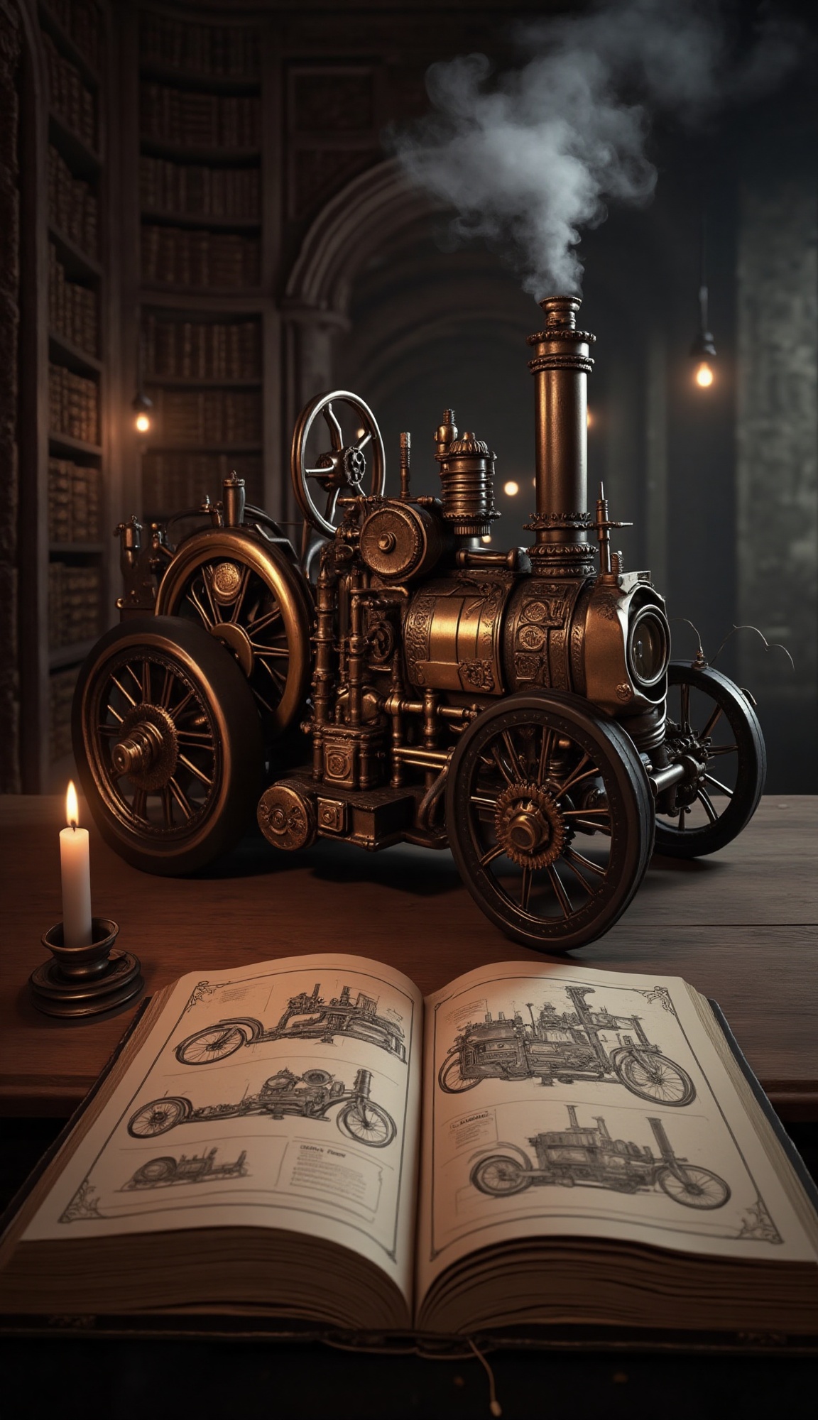 A captivating,  medium shot showcases a highly detailed steampunk-style automobile,  crafted with brass and dark metal on...