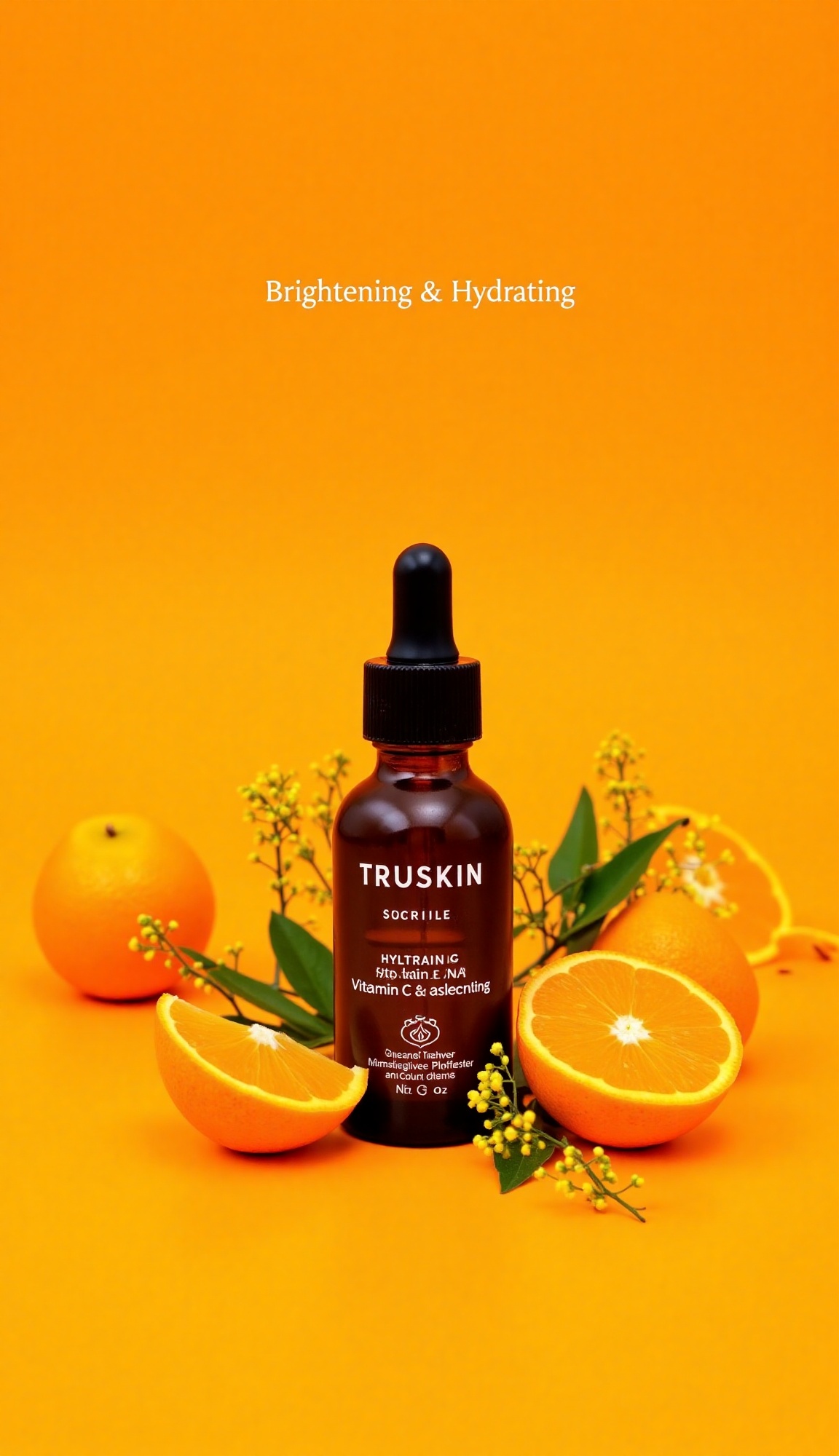 A vibrant product shot features a dark amber glass bottle of 'TRUSKIN VITAMIN C HYLTRAMIN Vitamin C Cal Serum' with a blac...