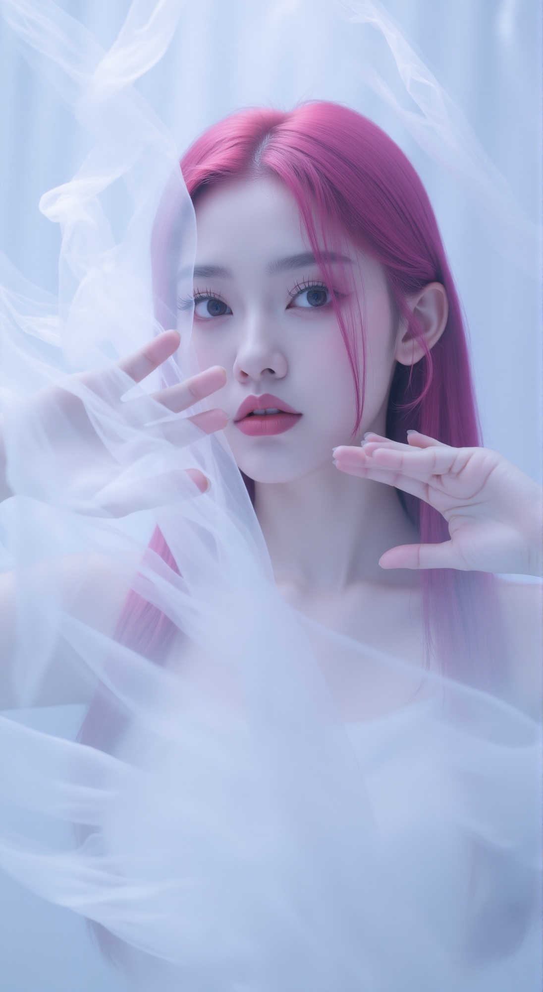 A cinematic portrait of an enigmatic girl,  bathed in soft focus,  amidst a sea of creamy whites and deep blues. Fuchsia w...