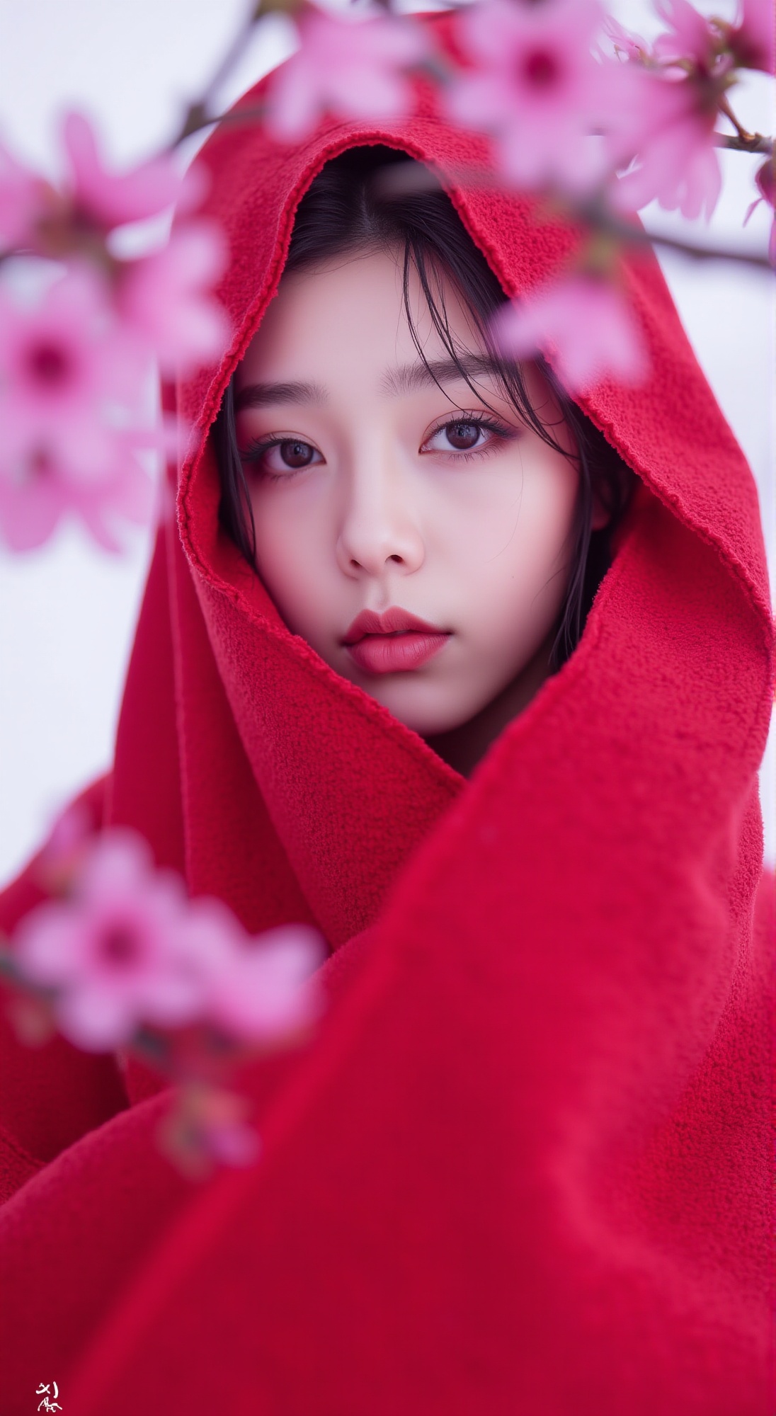 extreme close-up of a cinematic portrait of an enigmatic girl wrapped in fiery red shawl and red hanfu,  set against a pri...