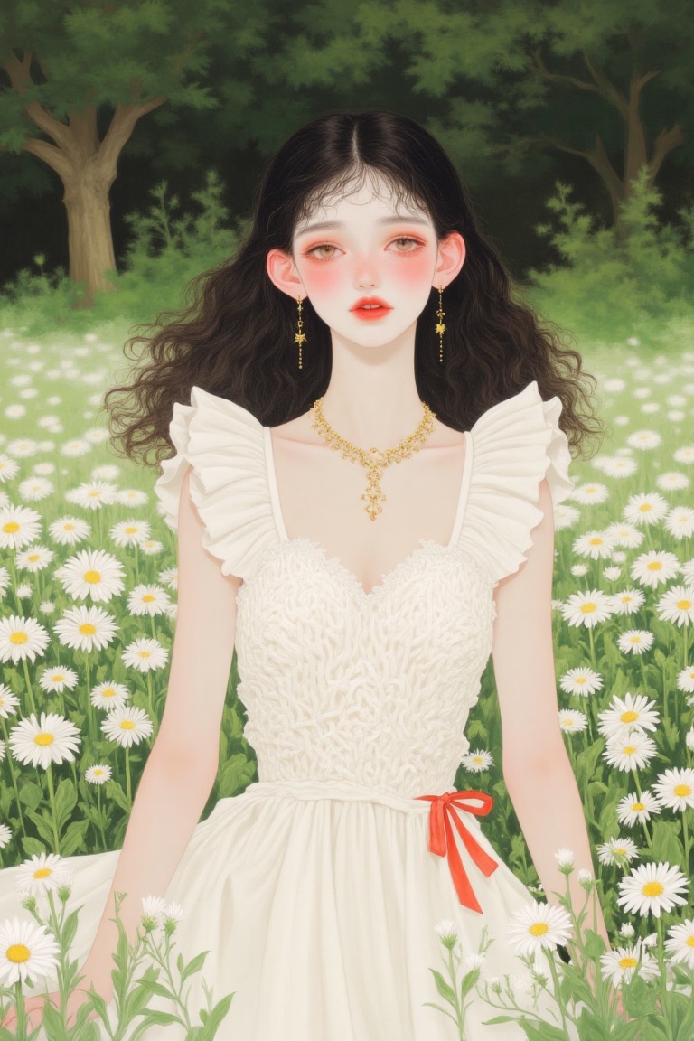 A delicate portrait of a young woman sitting amidst a sea of white daisies,  wearing a flowing white dress with intricate...
