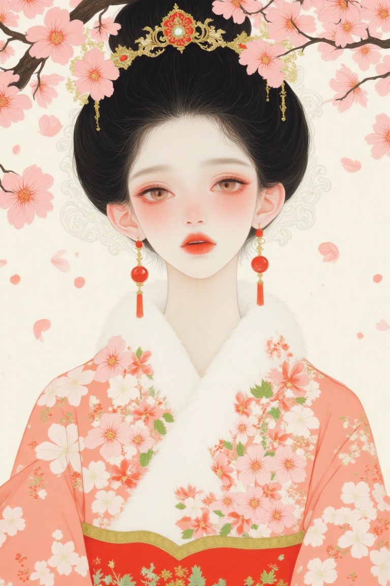 Soft,  A serene portrait of an Asian woman wearing a intricately designed,  soft pink traditional Japanese kimono with gol...