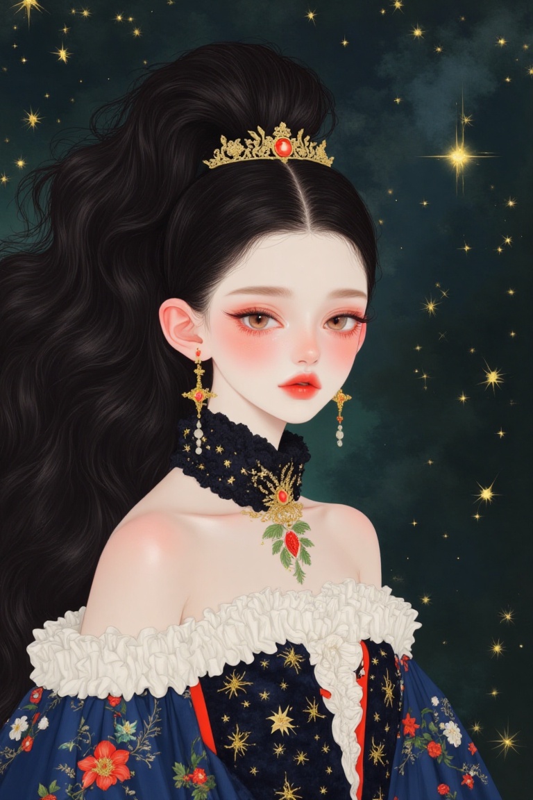 A close-up shot of a girl wearing a stunning navy blue gala dress,  her gaze directly addressing the viewer. Her raven-bla...
