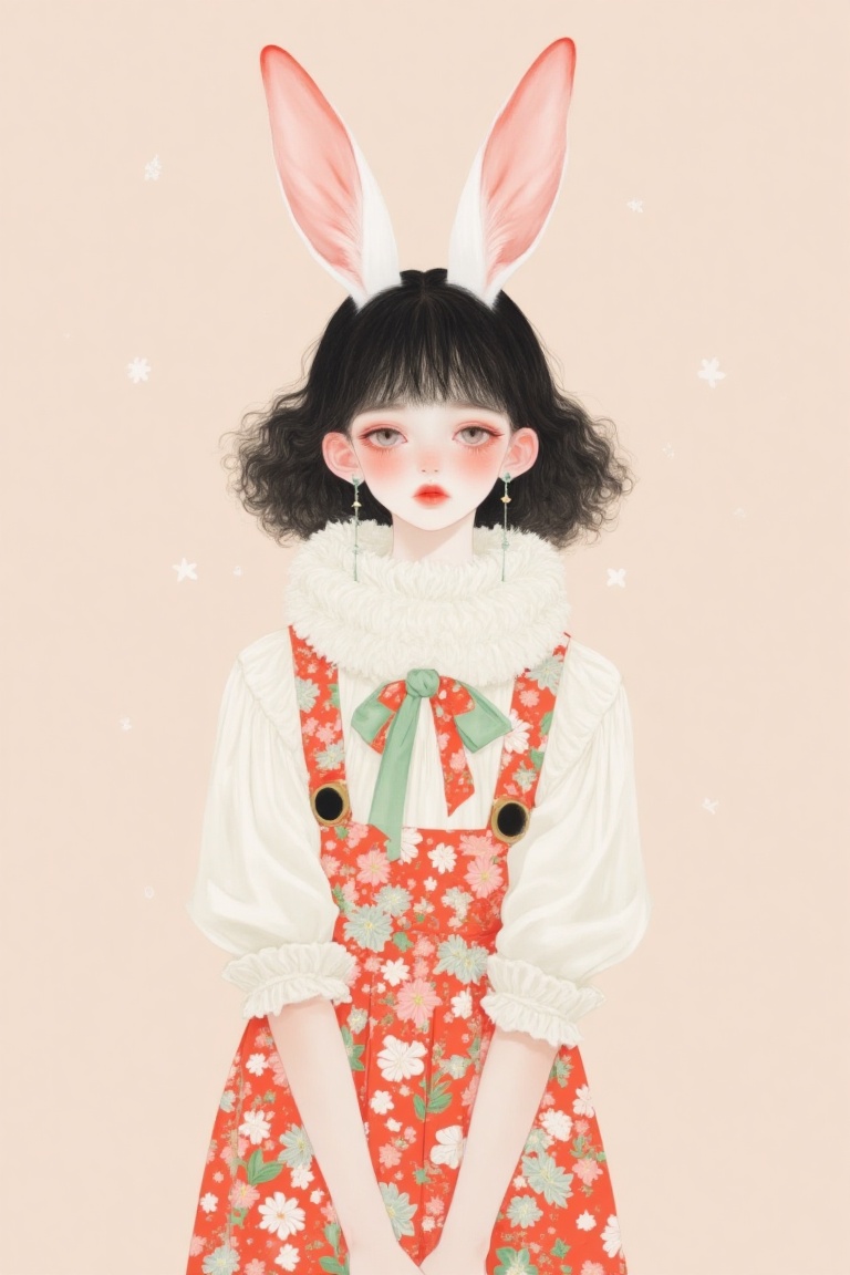 a girl with cute bunny inspired girly outfit,  coquette theme,  soft pastel on Tensor.Art