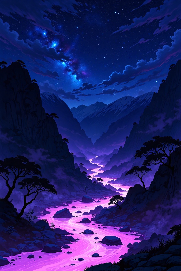 Aesthetic_wallpaper,  illustration wallpaper of glowing river at night,  t0k style on Tensor.Art