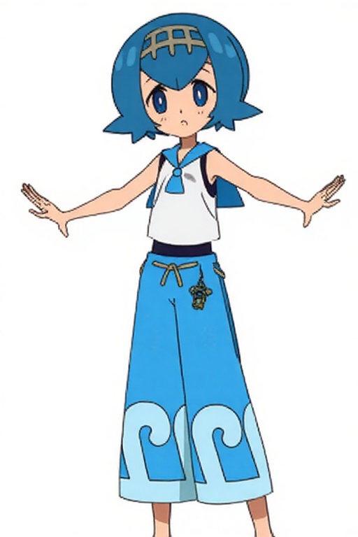lana \(pokemon\),  A detailed digital illustration of an anime girl with blue hair and a blue baggy pants with white swirl...