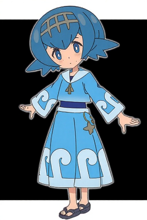 A detailed digital illustration of an anime girl with blue hair and a blue and white dress. The girl is standing with her...